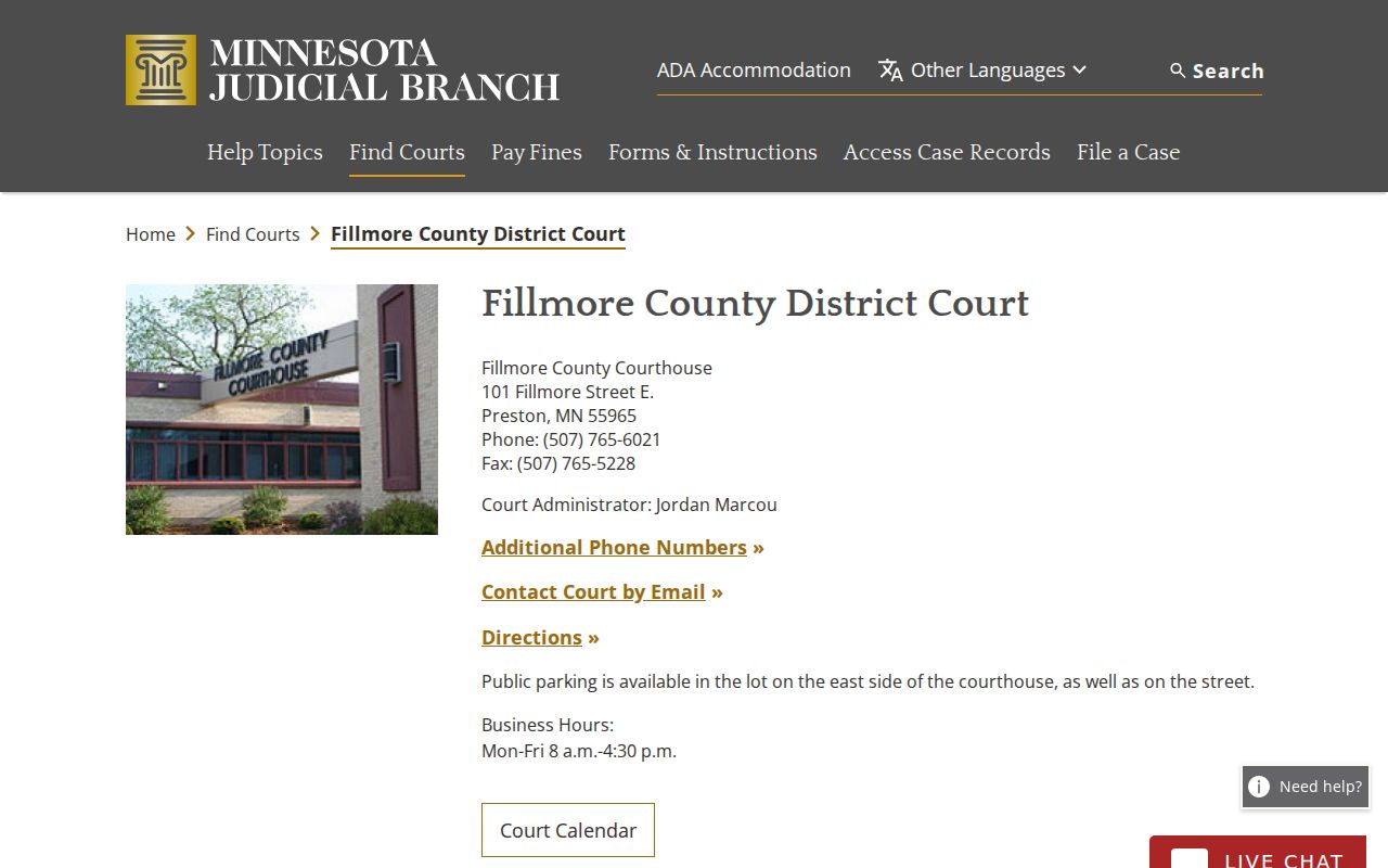 Fillmore County court docket courthouse access information