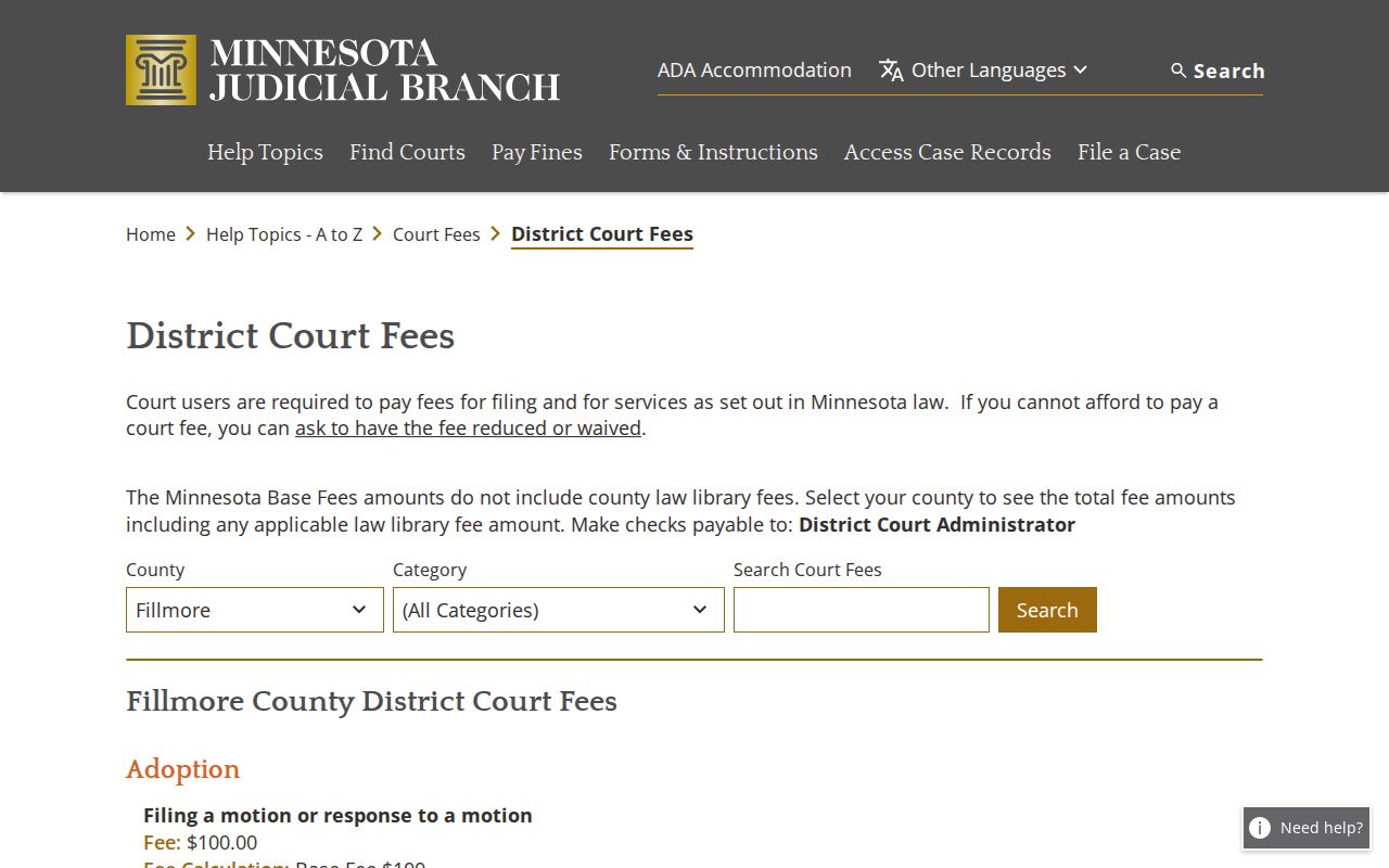 Fillmore County court docket copy fee information