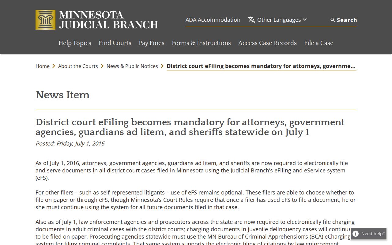 Rushford court records Minnesota electronic filing history source