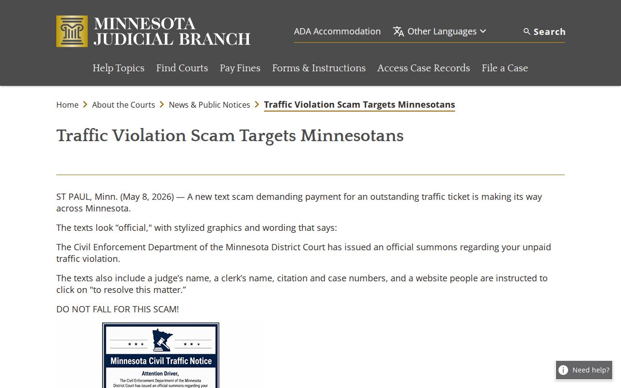 Rushford court records official Minnesota traffic scam warning source
